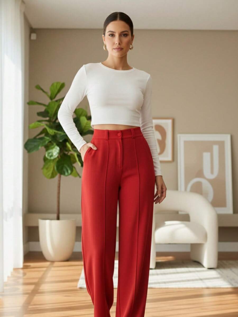 Duna Casual Wide-Leg Pants With Adjustable Back Waistband, Zipper And Button Detail, Functional Pockets, And Belt Loops. - 紅色 - 查看 1