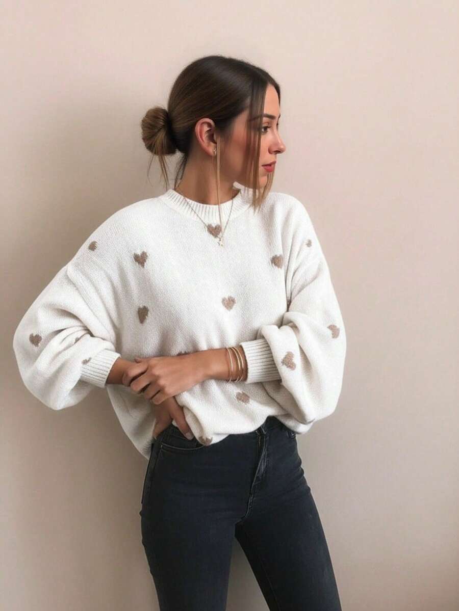 Áo len chui đầu cổ tròn tay dài họa tiết trái tim thời trang cổ điển dành cho nữ cỡ lớn, áo mềm mại và ấm áp với kiểu dáng thoải mái, thích hợp để mặc hàng ngày và những dịp bình thường. - Nhiều màu - Xem 1