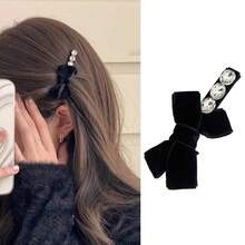 1pc Elegant Vintage Bow Hair Clip, Suitable For Girls, Fashionable French Style Hair Clip, Decorated With Artificial Pearls And Velvet, Can Be Used As Hair Accessory, Claw Clip Or Hairpin,Claw Clips - Black - View 4