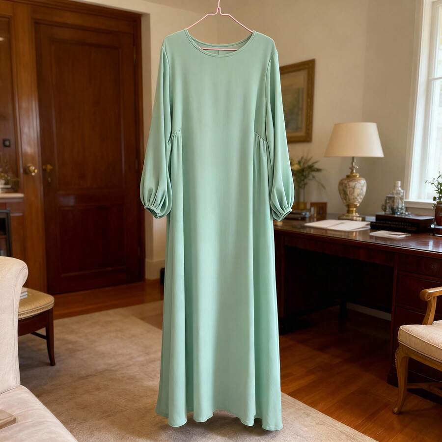 Bescheidenes Herbstkleid mit überlanger Laterne-Ärmel, weites Maxikleid mit gerafftem Design, Bürokleid