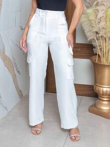 Women's Cargo Tailored Wide-Leg Pants With Side Pockets And High Waist - trắng - Xem 1