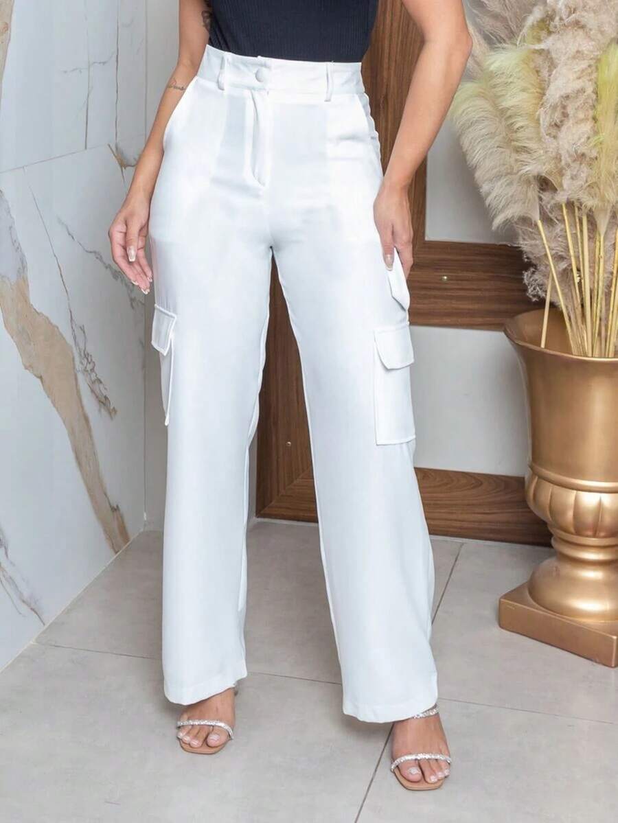 Women's Cargo Tailored Wide-Leg Pants With Side Pockets And High Waist - trắng - Xem 1