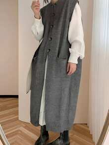 Alicedudu Áo len cardigan dài lấy cảm hứng từ nhà thiết kế dành cho nữ, Thu/Đông - Xám - Xem 5
