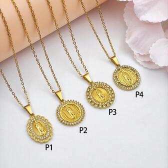 1pc Best-Selling Religious Round Multi-Style Multi-Crystal Virgin Mary Priest Stainless Steel Pendant Necklace, Unisex For Daily Wear