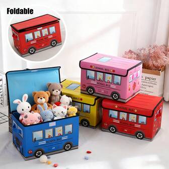 Caja de almacenamiento plegable con tapa con diseño de autobús de dibujos animados - Tela, a prueba de polvo y humedad, con capacidad de talla grande de 3.2 pies cúbicos, se pliega a menos de 27 pulgadas, adecuada para dormitorio, maletero del coche, hogar - Azul cielo, rosa, rojo, amarillo, diseño divertido para almacenamiento en dormitorio