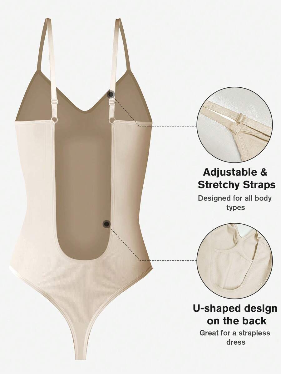 1pc Women's Seamless Backless Bodysuit With Tummy Control - Apricot - View 1