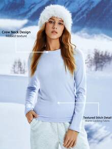 Leorrey 1pc Women Round Neck Ribbed Slim Fit Outdoor Fitness Workout Running Yoga Skiing Long Sleeve Ski Jacket - Baby Blue - View 1