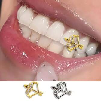 1件丘比特之箭锆石镀金牙套，优雅艺术风格，适合圣诞派对、约会装扮、情侣礼物，闪亮设计