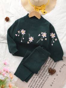 2 piezas Conjunto de suéter de manga larga bordado y pantalones largos para niñas, adecuado para primavera y otoño, estilo verde elegante, apropiado para uso diario, salidas, viajes y ocasiones escolares