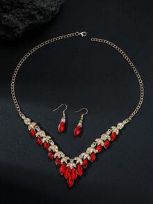 مجموعة قلادة وأقراط كريستال مبالغ فيها بطراز قديم، قلادة قصيرة، إكسسوارات موضة، أحمر، 2 قطعة - عين الحصان الحمراء - مشاهدة 2