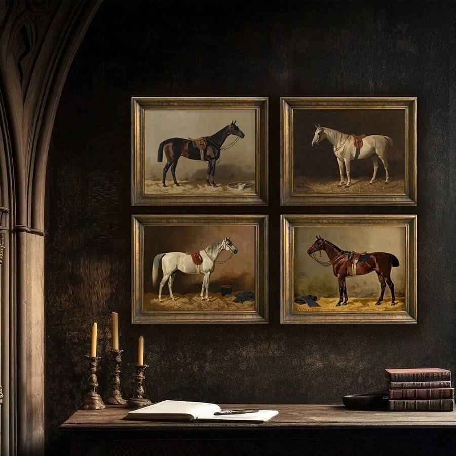 4 piezas/set de arte de pared con temática vintage de caballos, arte de pared con temática ecuestre, pintura de estilo rústico, adecuado como regalo, adecuado para decoración del hogar, decoración de habitaciones, decoración de dormitorios, decoración de salas de estar, decoración de baños, decoración de paredes, opcional con marco de arte de pared. - Marrón - Ver 1