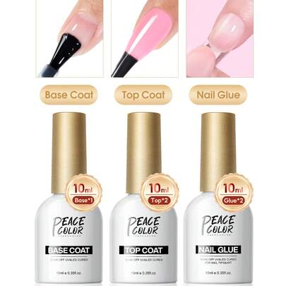peacecolor 2/3 piezas Juego de esmalte de uñas de gel con base y top coat de 10ML, botella de vidrio sin necesidad de limpiar, base coat y top coat brillante de larga duración, esmalte de uñas de gel remojable perfecto para manicura de salón, regalo para mujeres