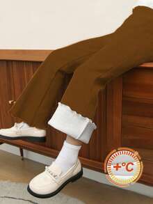 Quần ống loe mỏng cho bé gái, Quần lót giữ nhiệt đơn giản đa năng mùa thu/đông 2025, Quần ống rộng thời trang cho bé gái mặc ngoài trời, Quần dài co giãn thanh lịch cho bé gái - màu nâu - Xem 5