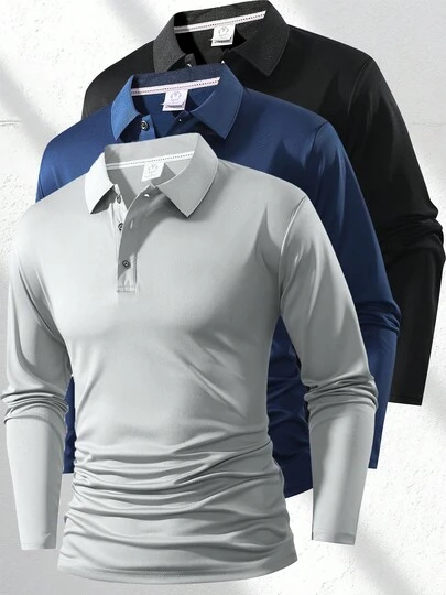 男士商务休闲修身长袖Polo衫，纯色纽扣领设计，适合日常穿着和商务办公场合。