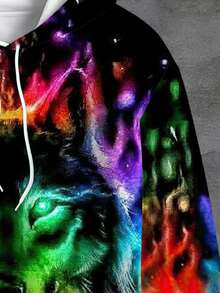 Men'S 3D Wolf Head Print Hooded Sweatshirt - Neon Green & Multicolor Wolf Face Design, Casual Long Sleeve Hoodie For Fall/Winter, Loose Fit Streetwear Pullover With Drawstring Hood, Winter Apparel |   Casual Hoodie |   Comfortable Fit Hoodie - 風格 - 查看 5