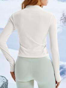 Leorrey 1pc Women Zipper Stand Collar Ribbed Splice Slim Fit Ski Long Sleeve Snow Suit White Winter Sports - White - View 8