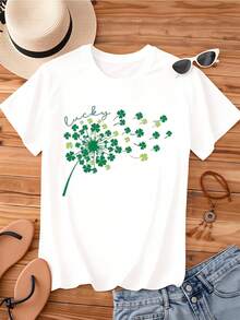 Lucky Clover Dandelion Design White T-Shirt Women Casual St Patrick Day Shirt Lucky Charm Graphic Tee Top - White - View 3