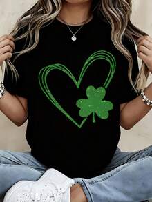 St Patrick's Day Green Heart And Clover T-Shirt Women's Festive Shamrock Design White Crewneck Top For St Patrick's Day Celebration - màu đen - Xem 1