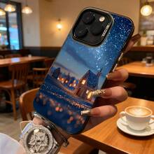 Funda de Teléfono Diseño de Escena Nocturna de Cabaña Azul de Invierno para iPhone 14 15 Pro Max y  Galaxy S23 S24 Series, Regalo Ideal para Todas las Estaciones - Negro - Ver 2