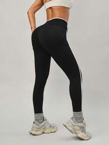 女士不对称腰带休闲运动紧身裤 黑色 - 黑色 - 查看 5