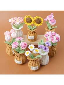 1pc Handmade Crochet Sunflower, Rose, Tulip Artificial Flowers With Vase, Small Crochet Potted Fake Flowers For Desk, Wall, Office, Home, Car Decor, Suitable As Birthday, Anniversary, Mother's Day, Christmas, Valentine's Day Gift - Multicolor - View 1