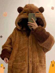 Capybara Hooded Coral Fleece Cartoon Cute Robe, Autumn/Winter Cartoon Sweet Ladies' Bathrobe Sleepwear, Suitable For Adults, With Large Pockets And Cuff Design, Warm For Autumn/Winter, Can Be Used As Gift, Couple Set, Christmas Gift, New Year Gift