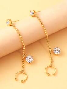 2pcs Minimalist Double Hoop Rhinestone Chain Dangle Earrings, Fashion Accessory - Jhumka - View 4
