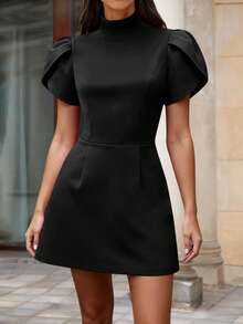 Plus Size Women's Stand Collar Ruffle Sleeve A-Line Short Dress - Black - View 3