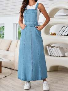 Đầm yếm denim cỡ lớn - Dây đeo vai cố định, dáng rộng, thiết kế yếm cổ điển. - Rửa nhẹ - Xem 7