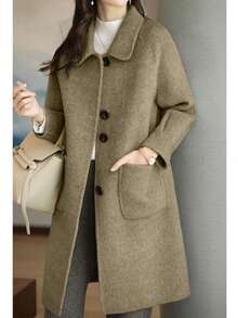 Women's Solid Color Front Button Pocket Casual Long Sleeve Wool Blend Jacket - Olive Green - View 2