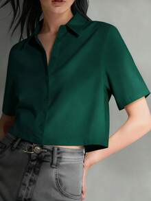 女士休闲交叉不对称纽扣衬衫 夏季 - 墨綠色 - 查看 6