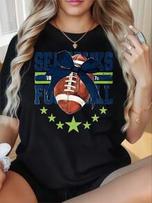Seahawks Football Fan T-Shirt With Bow And Stars Design Women's Casual Black TopFun Printed T-Shirt For Women With Round Neck And Short Sleeves, Suitable For Christmas Partiessports Activitiesholiday Partiesoutingssports And Other Holiday Gifts. - 黑色 - 查看 1