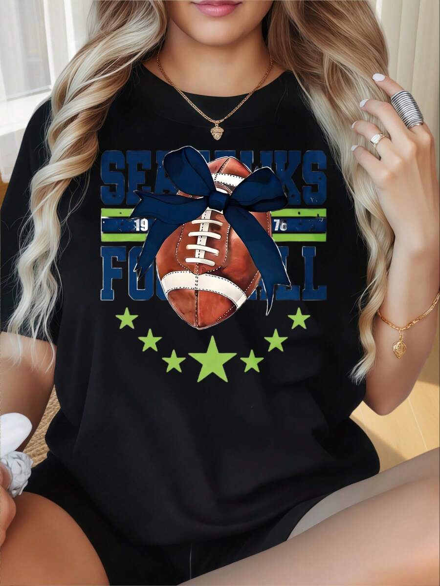 Seahawks Football Fan T-Shirt With Bow And Stars Design Women's Casual Black TopFun Printed T-Shirt For Women With Round Neck And Short Sleeves, Suitable For Christmas Partiessports Activitiesholiday Partiesoutingssports And Other Holiday Gifts. - 黑色 - 查看 1