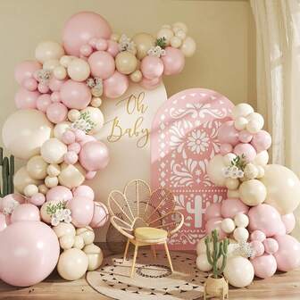 122-delars ljusrosa ballongbågeset, med mexikanskt tema-ballongbågar i rosa, sand, vitt och beige, i olika storlekar, lämplig för mexikanskt tema-fester, födelsedagar, babyshowers, bröllop och festdekorationer.