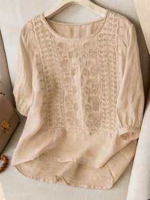 Women's Loose Retro Embroidery Pullover Tops, Spring/Summer - Khaki - View 4