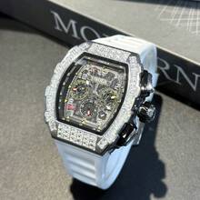 ONOLA-6826F Men's Wine Barrel Multi Functional Mechanical Automatic Watch Rubber Strap Fashion Sports ICE Diamond Watch - 白色 - 查看 16