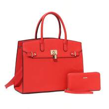 Women's Fashion Handbag And Wallet Set With Adjustable Crossbody Strap Large Shoulder Bag And Small Clutch 2-Piece Combo, Metal Swivel Lock Accessory, Ideal For Shopping, Travel And Business Commute - Đỏ - Xem 1