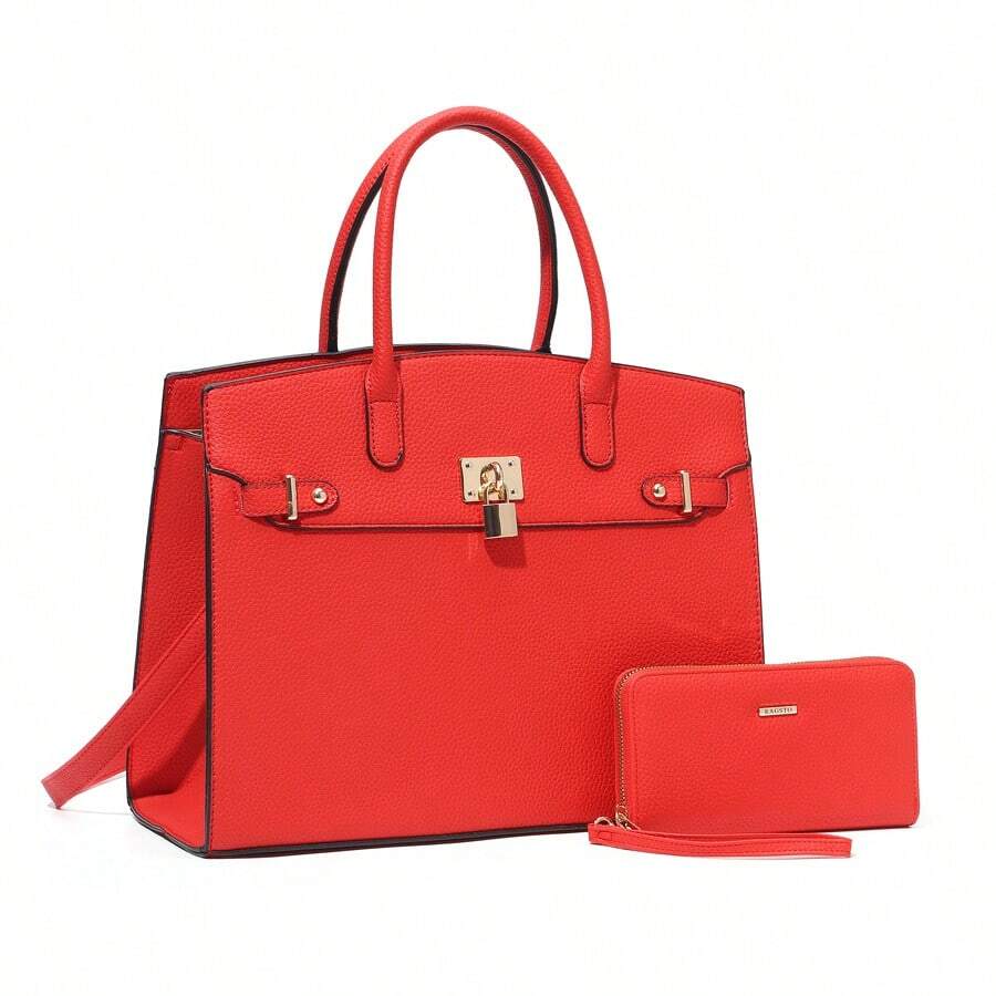Women's Fashion Handbag And Wallet Set With Adjustable Crossbody Strap Large Shoulder Bag And Small Clutch 2-Piece Combo, Metal Swivel Lock Accessory, Ideal For Shopping, Travel And Business Commute - Đỏ - Xem 1