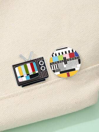 2pcs Old TV No Signal Metal Cartoon Brooch For Men And Women's Bags And Clothes Decoration Buckle
