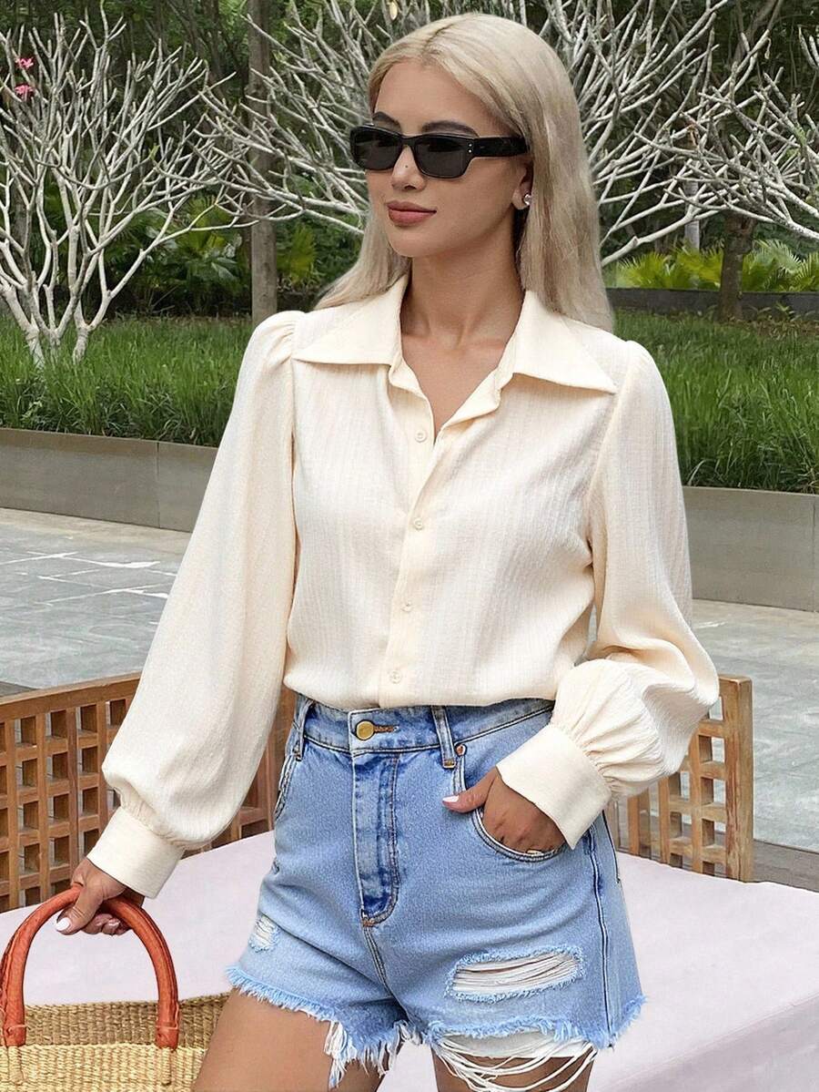 Livesso Blusa suelta de unicolor con cuello vuelto y pliegues para mujer, blanco, manga larga para primavera/verano/otoño - Blanco - Ver 1