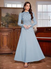 女士纯色浅蓝色优雅撞色珍珠装饰伞裙摆修身长连衣裙，配立领和精美串珠装饰 - 淺藍色 - 查看 7