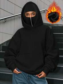 Winter Christmas Women's Tops, Women's Jackets, Women's Upper Clothing, Autumn Back-To-School Double-Hooded Sweatshirt, Women's Fashion Street-Style Hooded Sweatshirt With Kidnapper Kitten ABC Print, Kidnapper Kitten ABC Pattern Print, Printed Barak-Style Sweatshirt - Black - View 2