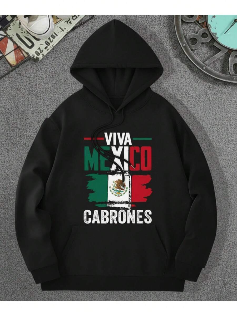 Sudadera para hombre estilo mexicano estampado de bandera tela premium mezcla de algodón holgado con capucha manga larga otoño/invierno casual para fiestas y salidas - Negro - Ver 1