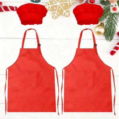 2 Packs Green&Red Kids Apron And Chef Hat Set-Children Kids Apron For Girls Boys Cooking Painting Baking ,Christmas DIY Party,Wear 6-13 Ages