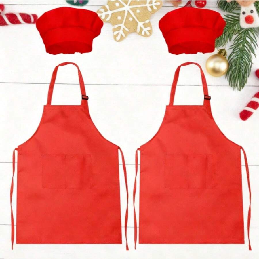 2 Packs Green&Red Kids Apron And Chef Hat Set-Children Kids Apron For Girls Boys Cooking Painting Baking ,Christmas DIY Party,Wear 6-13 Ages - Multicolor - View 1