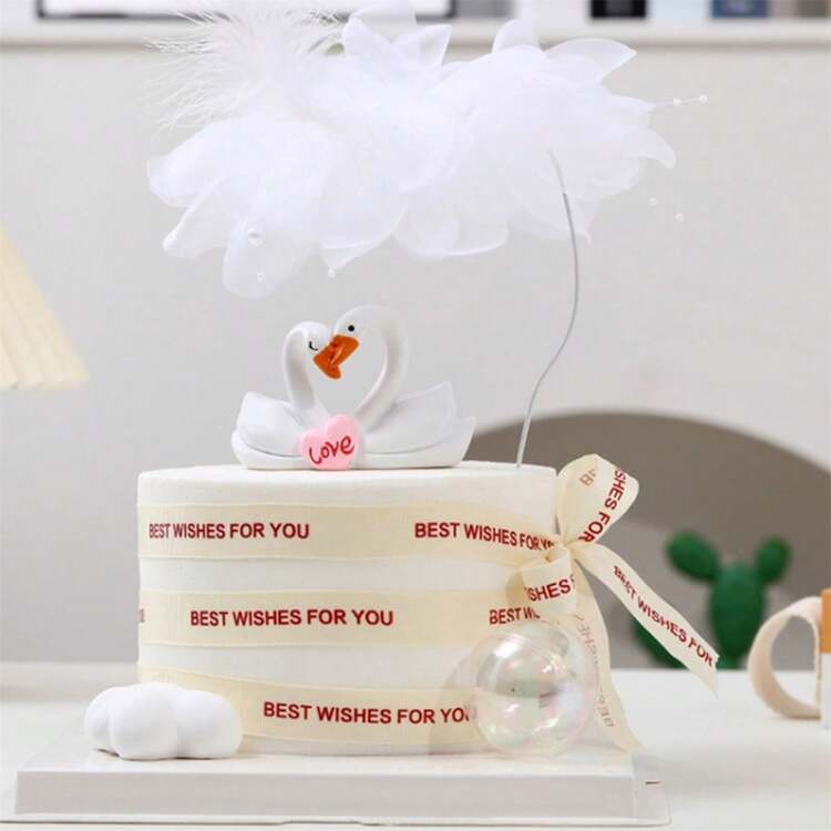 Figura de pareja de cisnes de resina para San Valentín, adornos de escritorio para el hogar y fiestas navideñas. - Blanco - Añade 2