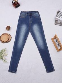 Y2K街头风高腰弹力修身工装紧身牛仔裤，带口袋，适合日常休闲春季穿着 - 藍色 - 查看 6