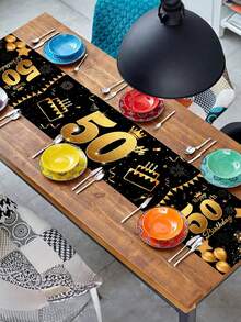 Toalha de Mesa Elegante Preta e Dourada Multicolorida para Festa de Aniversário, 1 Peça Tapete de Mesa Retangular Antiderrapante de Poliéster para Decorações de Festa de Aniversário, Adequado para Homens e Mulheres - Multicolorido - Visão 5