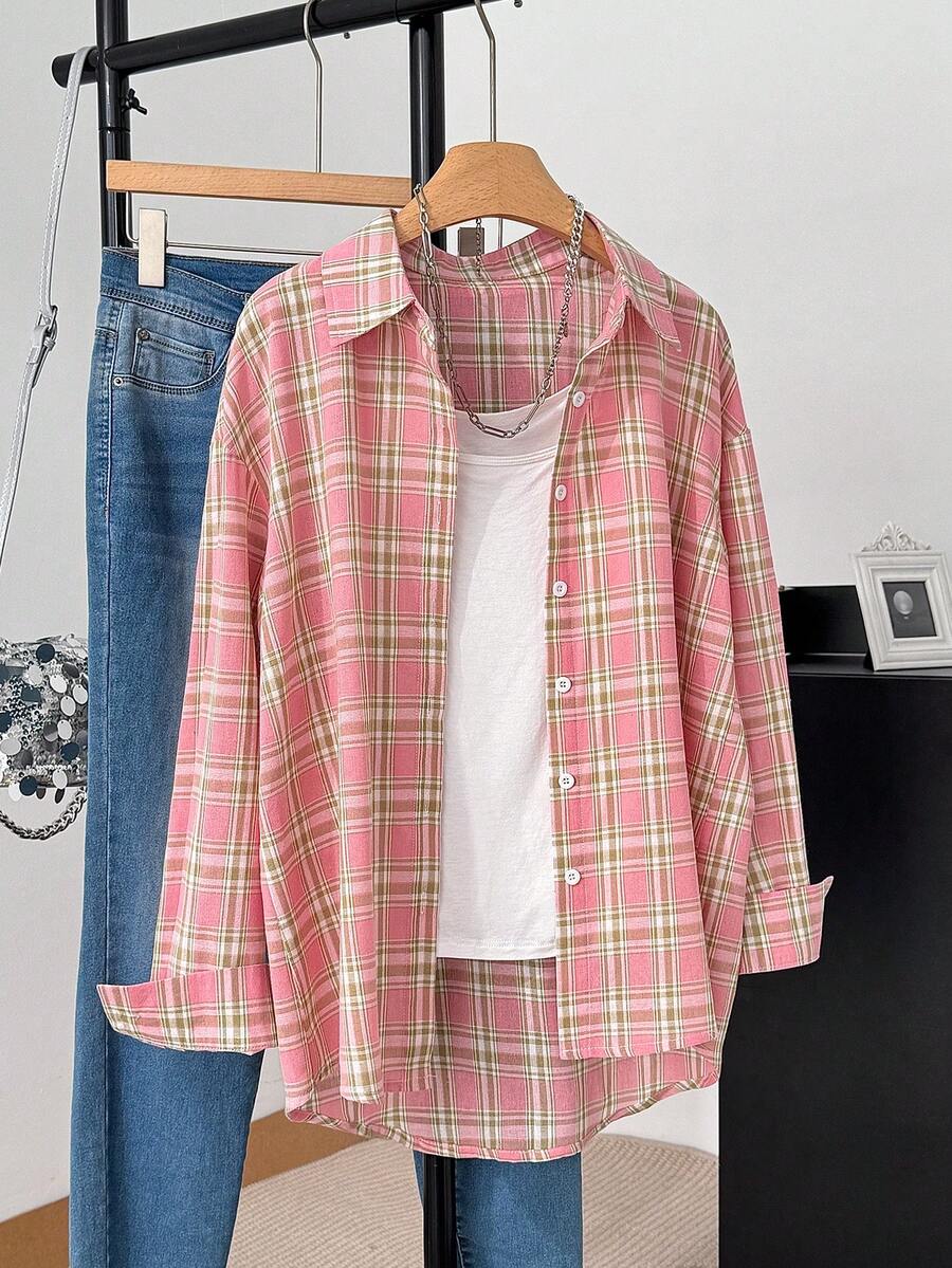 Áo sơ mi nữ tay dài vai rớt, cài cúc phía trước, họa tiết kẻ caro hồng, kiểu dáng thường ngày, thích hợp cho mùa xuân. - Hồng - Xem 1