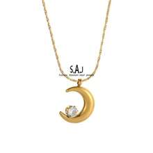 New Necklace In 18K Titanium Steel With Small Crescent-Shaped Diamonds Set In Prongs - An Exclusive, High-Quality Necklace. - Gold - View 2